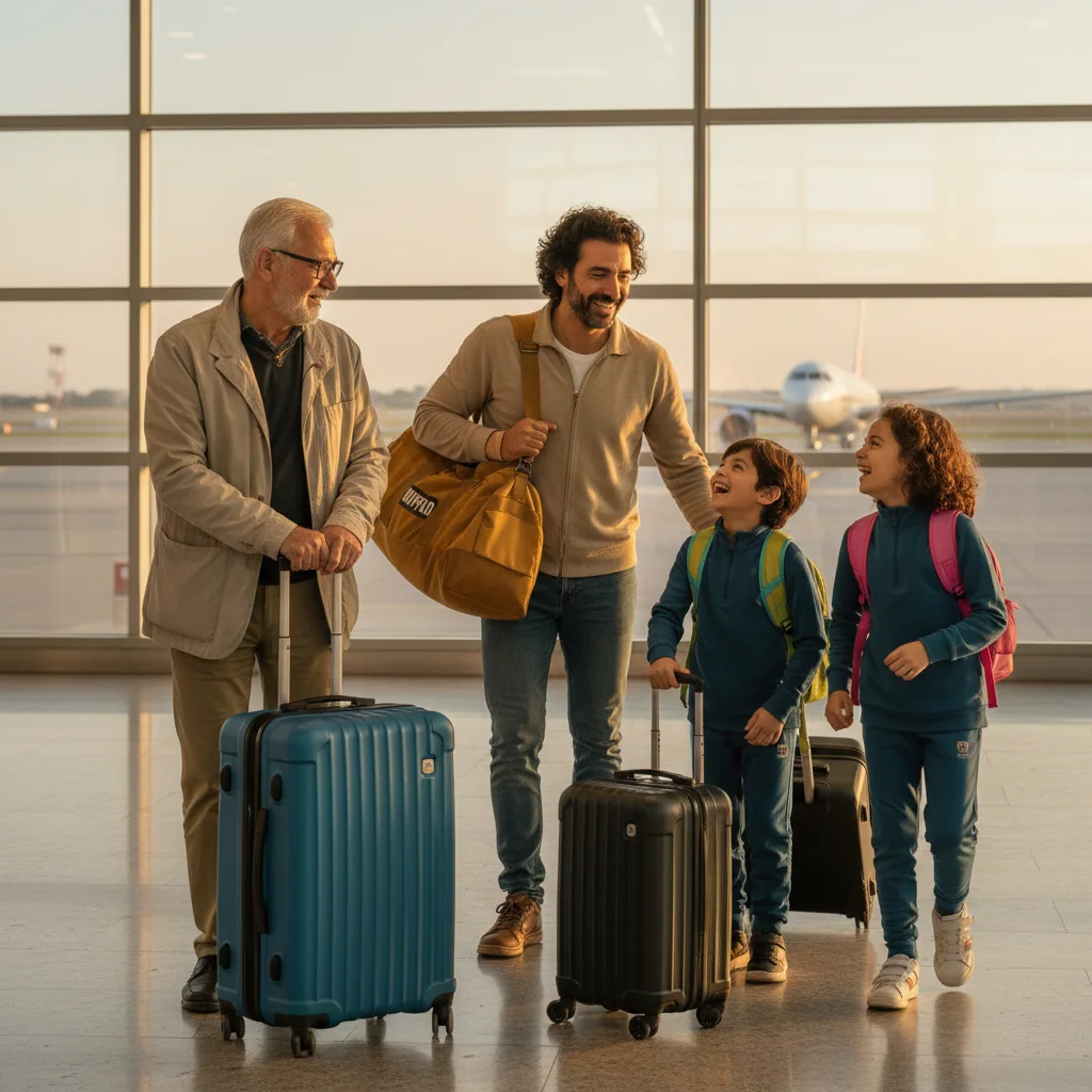 Family with their suitcases at the airport at golden hour