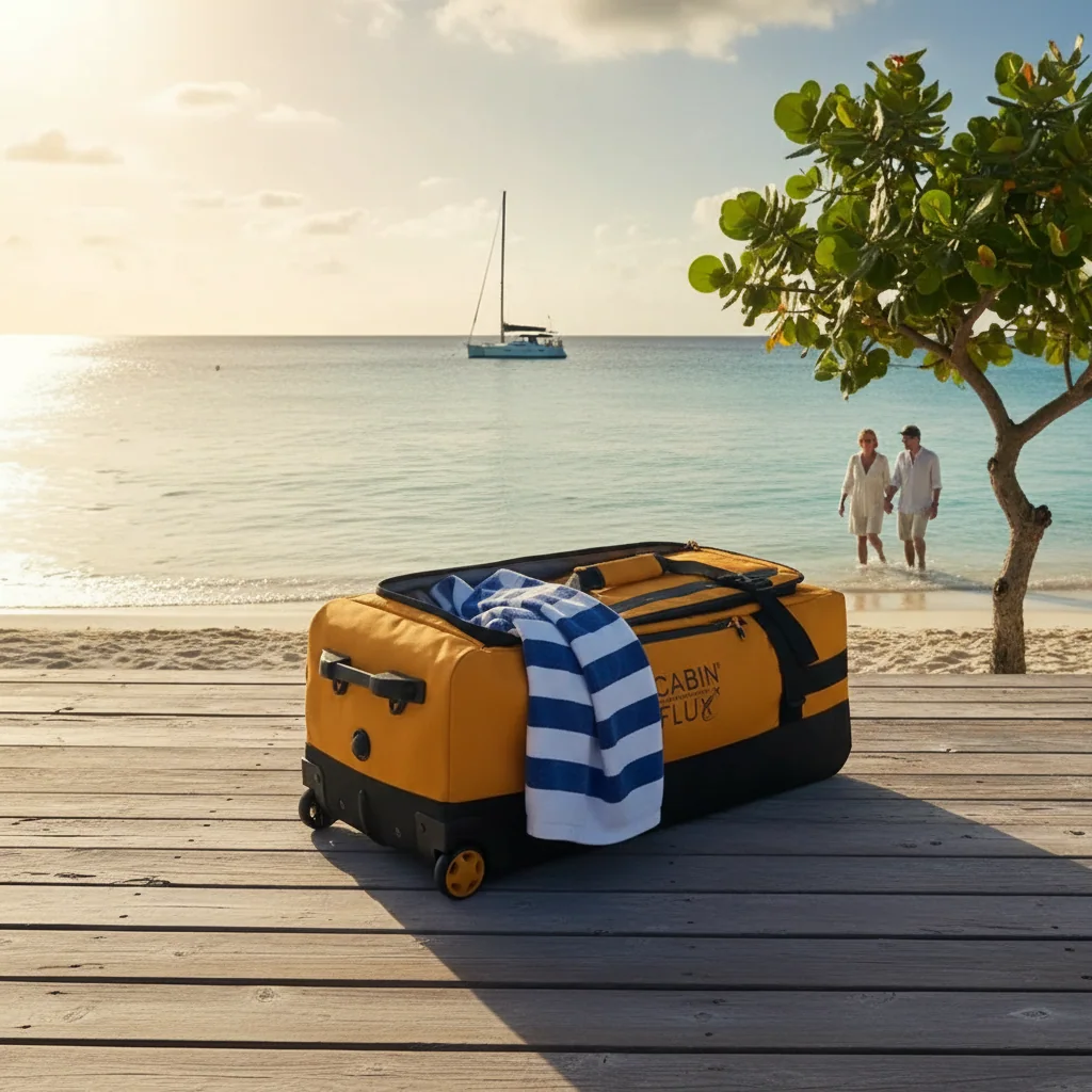 Yellow CABIN FLUX duffle on a wooden beach dock