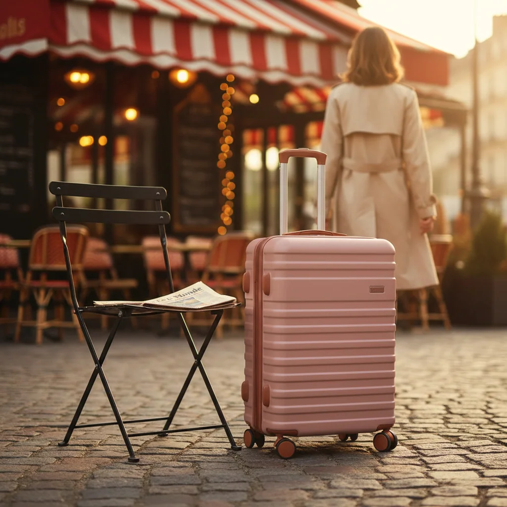 CABIN FLUX carry-on beside a Paris cafe table