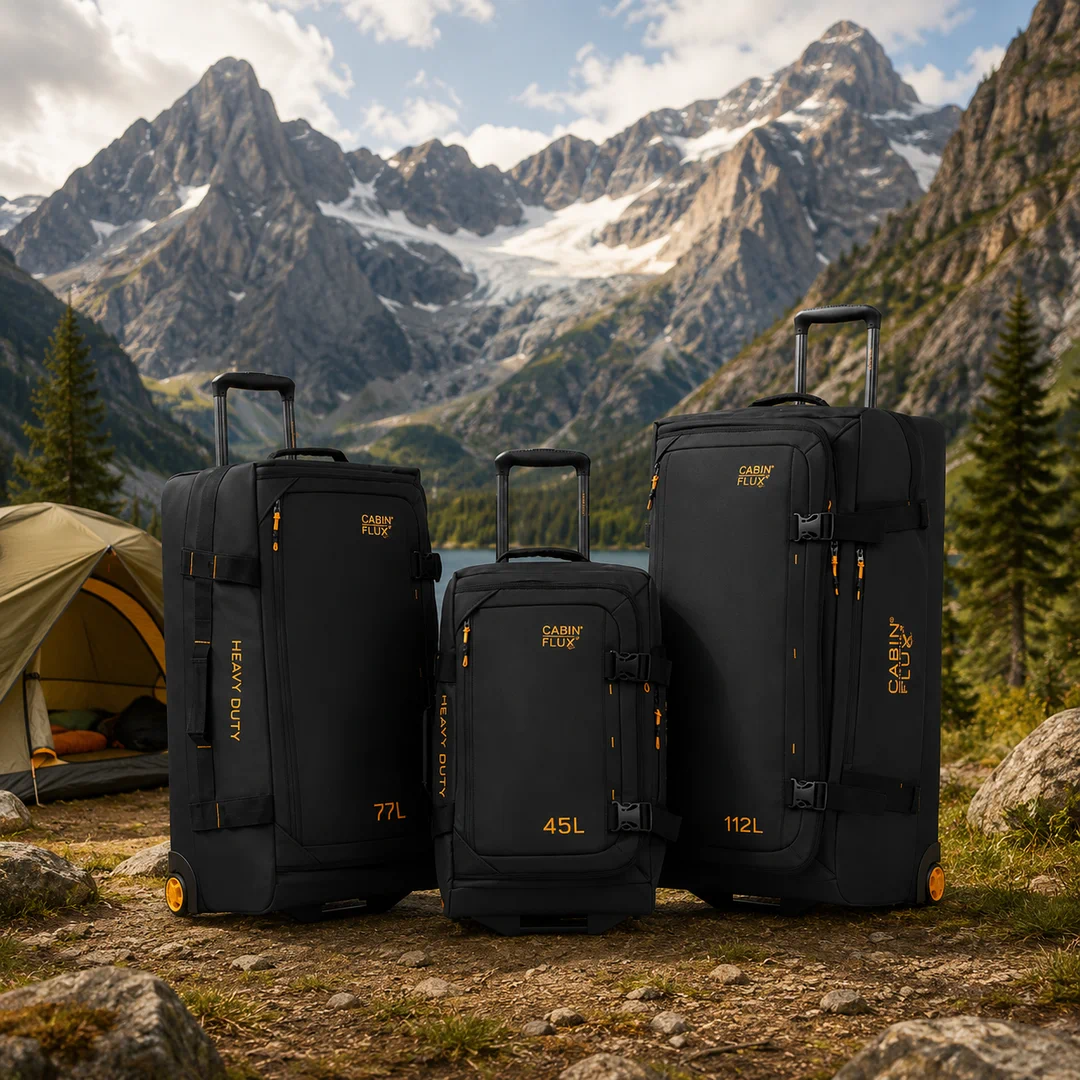 Buffalo duffle trio at a mountain campsite