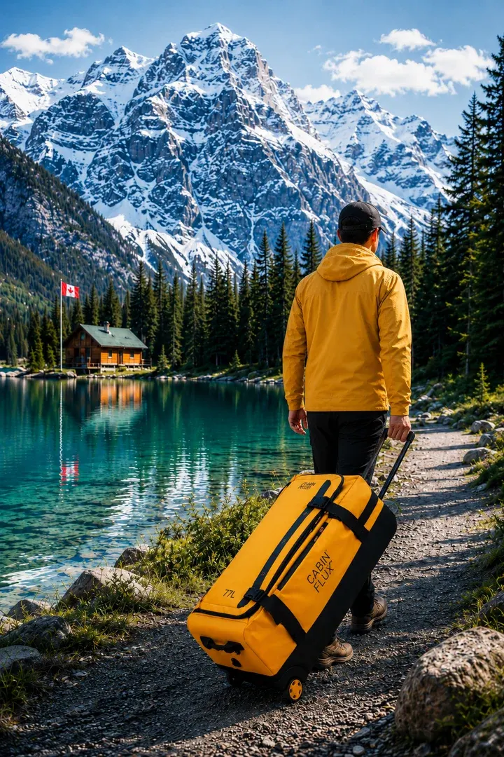 Buffalo wheeled duffle at a Rocky Mountains lake