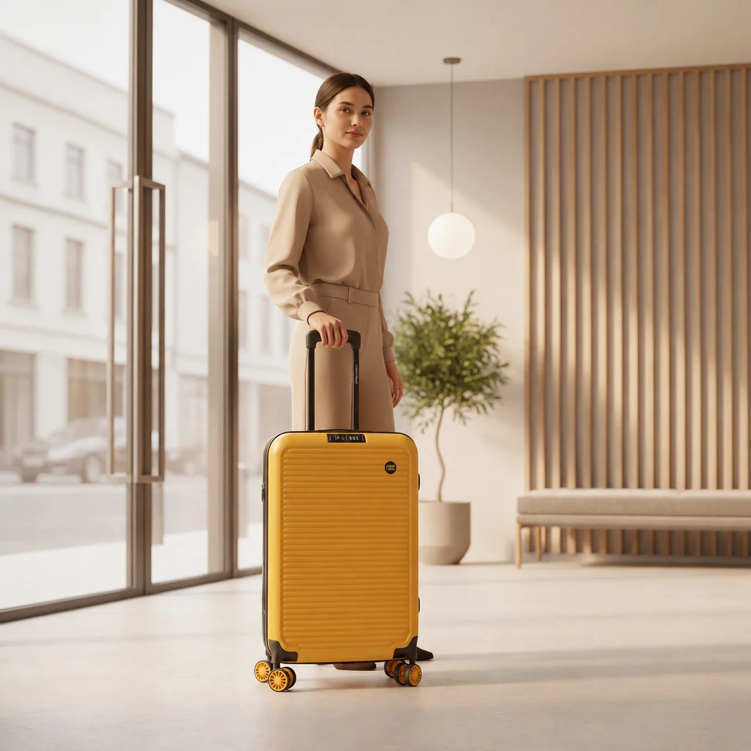 Mirage 360 carry-on in a bright lobby