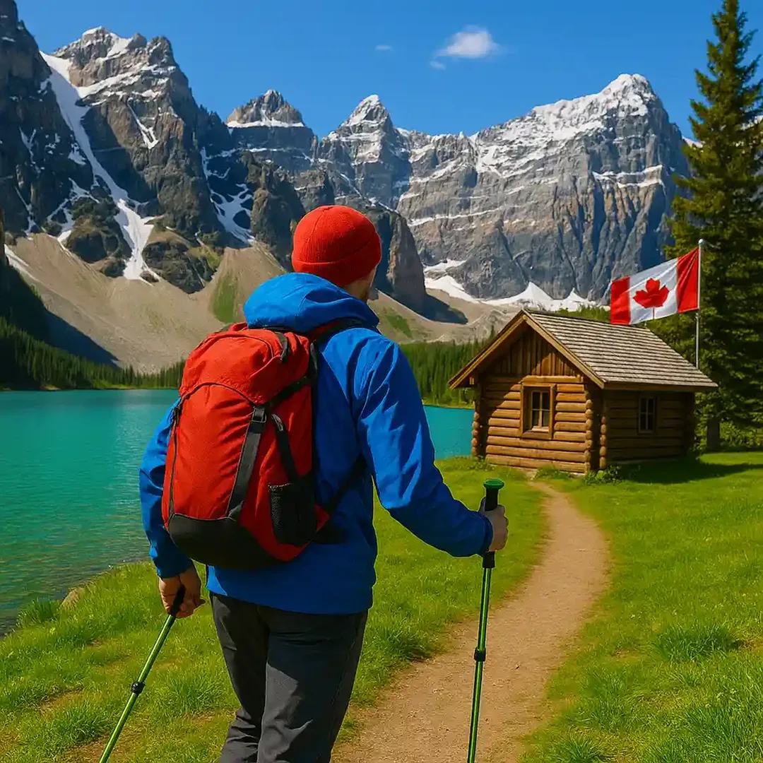Hiker with Nordic walking poles above a turquoise Canadian lake