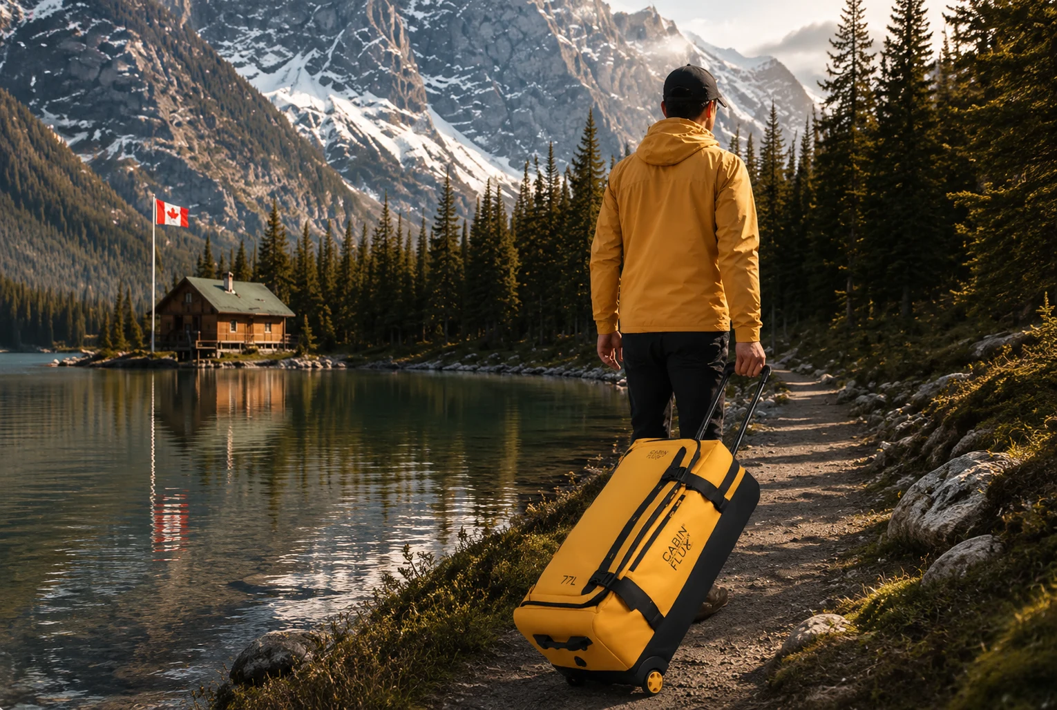 Traveller pulling the yellow CABIN FLUX Buffalo 77L wheeled duffle on a Canadian lakeside trail