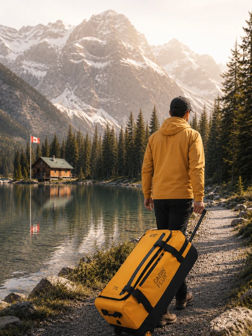 Traveller with the yellow Buffalo wheeled duffle by a Canadian mountain lake