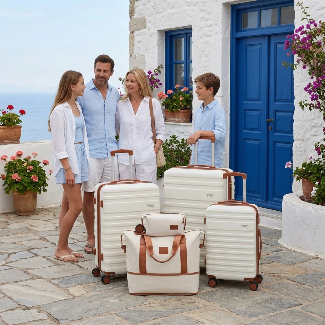 Family with the Céline cream set on a Mediterranean street