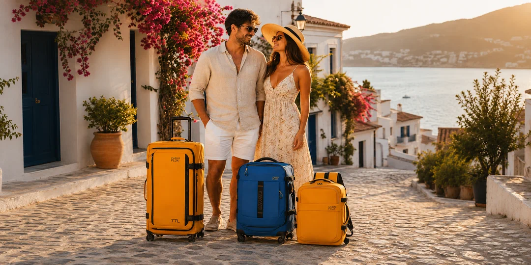 Couple in the old town with CABIN FLUX carry-ons